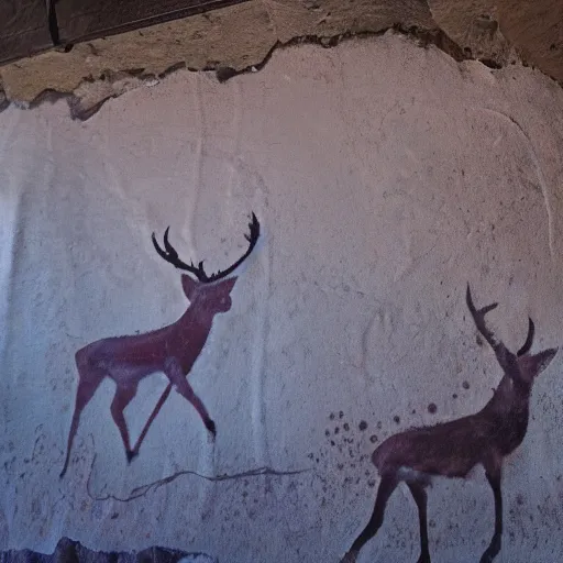 Prompt: Prehistoric cave paintings made of berry paint on ancient cave walls at sunrise depicting deer hunting with minimalist characters.