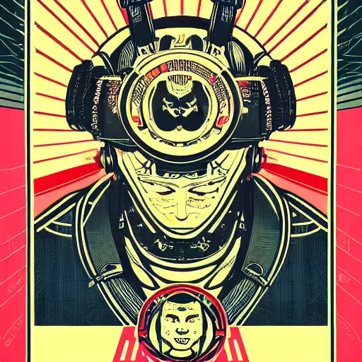 Image similar to !dream Illustrated by Shepard Fairey and H.R. Geiger | Cyberpunk Samurai with VR helmet, surrounded by cables