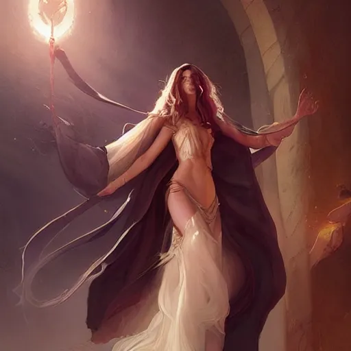 Image similar to a beautiful sorceress in long flowing robes, by charlie bowater, loish, peter mohrbacher, artgerm, greg rutkowski, krenz cushart, wlop