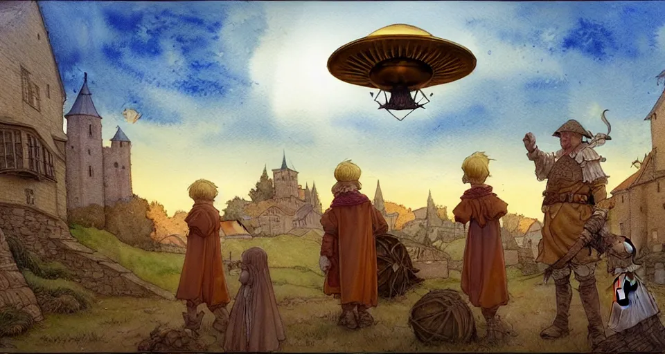 Prompt: a hyperrealist watercolor concept art of an elegant golden ufo in the sky above a small medieval town. one dirty medieval peasant child is in the foreground pointing up at the sky. very muted colors, by rebecca guay, michael kaluta, charles vess. high detail, hq, wide shot, 4 k