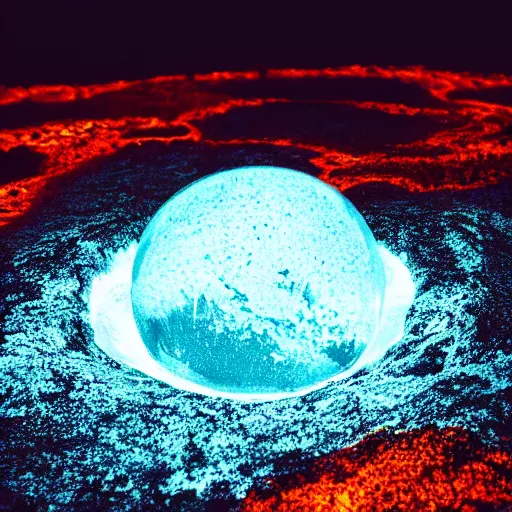 Prompt: a big puddle filled with glowing lava with a sphere made of sand hovering over it