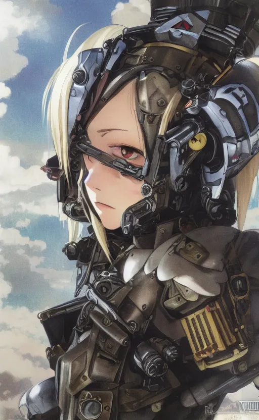 Prompt: shot of mechanized valkyrie, anime style, world war 2, vintage clothing, spread wings, blonde hair, hair down, symmetrical facial features, from arknights, hyper realistic, 4 k, rule of thirds, extreme detail, detailed drawing, safebooru, hd, d & d, realistic lighting, by alphonse mucha, greg rutkowski, backlit