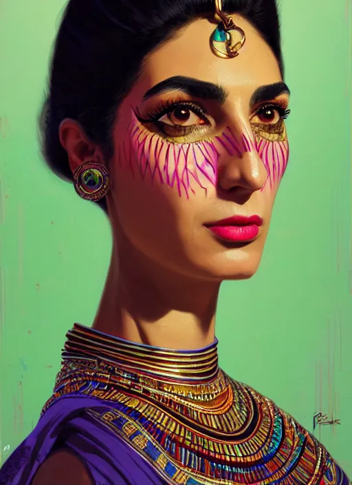 Image similar to portrait of an egyptian woman with a crooked nose and a confident expression, 1 9 6 0 s, colorful clothes, punk, funk, intricate, elegant, highly detailed, digital painting, artstation, concept art, smooth, sharp focus, illustration, art by wlop, mars ravelo and greg rutkowski