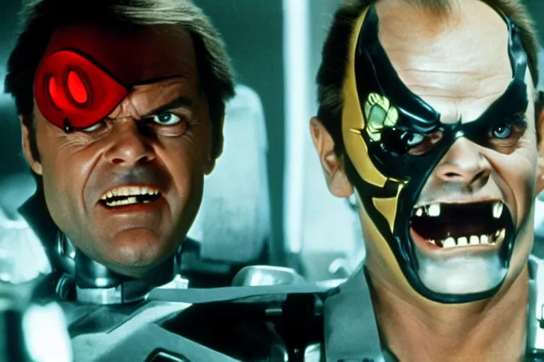 Image similar to Jack Nicholson plays Pikachu Terminator, scene where his inner endskeleton is visible and his eye glows red, still from the film