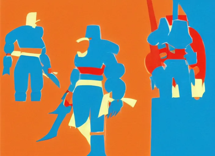 Image similar to character shape design exploration silhouettes of a strong sturdy warrior tank, minimalist mixed media layout from masaaki yuasa ( 1 9 9 7 )