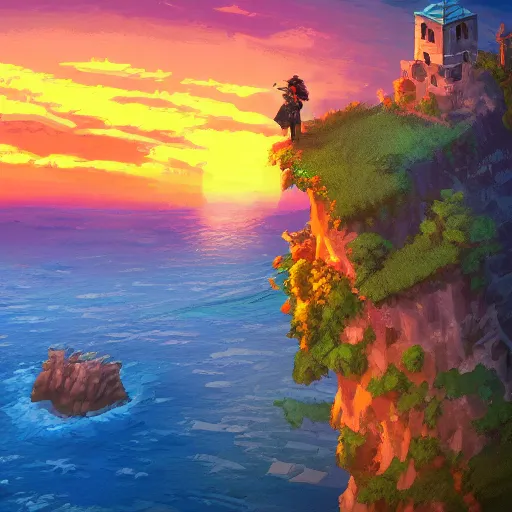 Image similar to a knight rests on a cliff above a cozy and cute seaside village at sunset, dramatic lighting, vivid color, 1 6 bit pixel cover art, trending on artstation