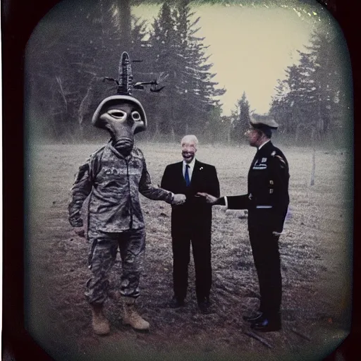 Image similar to old polaroid depicting a handshake between a us military general and a grey alien, at a clearing, at dusk