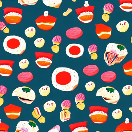 Prompt: japanese food print pattern. cute illustration. hand drawn. digital art.