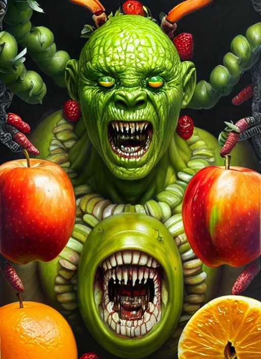 Prompt: an monster man in a white robe, green skin, covered in fruit, apples, oranges, bananas, intricate, highly detailed, concept art, hyperrealistic, oil painting by greg staples and tristan eaton, 8 k
