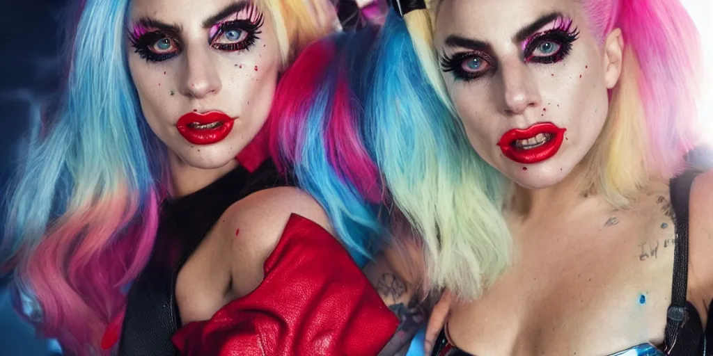 Prompt: lady gaga is harley quinn, volumetric lighting, beautiful, golden hour, sharp focus, ultra detailed, octane