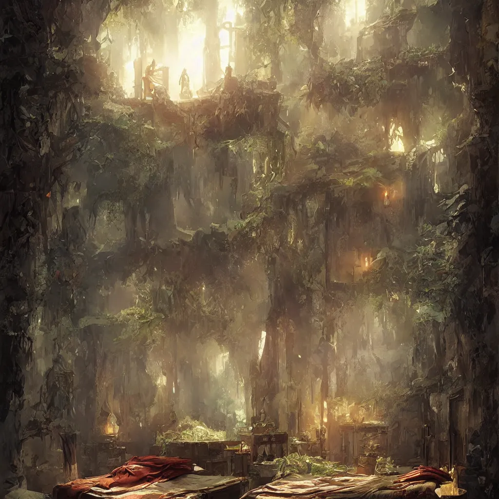 Image similar to a bed on stand in a magical area, by greg rutkowski