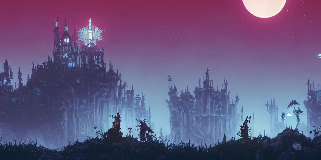 Image similar to Castlevania SOTN, hollow knight, dead cells, Blasphemous, Portraiting a platform magical castle, side scrolling, , Very Cloudy Sky, Sun, Neon Lights, Subject in Middle, Rule of Thirds, 4K, Retrofuturism, Studio Ghibli, Simon Stålenhag