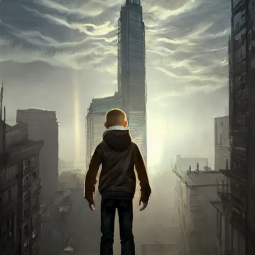 Image similar to a boy in a big apocalyptic city, sunrays in fog, sharp high quality artwork in style of jared chavez, unreal engine, hyper realism, realistic shading, cinematic composition, hdr, detailed textures, photorealistic, 3 5 mm film, concept art, top of artstation