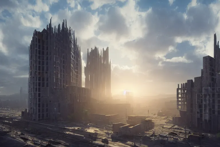 Image similar to streetscape, a towering cathedral of brutalist architecture, buildings covered with greebles, stunning volumetric light, sunset, metal, concrete and translucent material, stunning skies, majestic landscape, trending on Artstation, 8k, photorealistic, hyper detailed, unreal engine 5, IMAX quality, cinematic, epic lighting, in the style of Greg Rutkowski