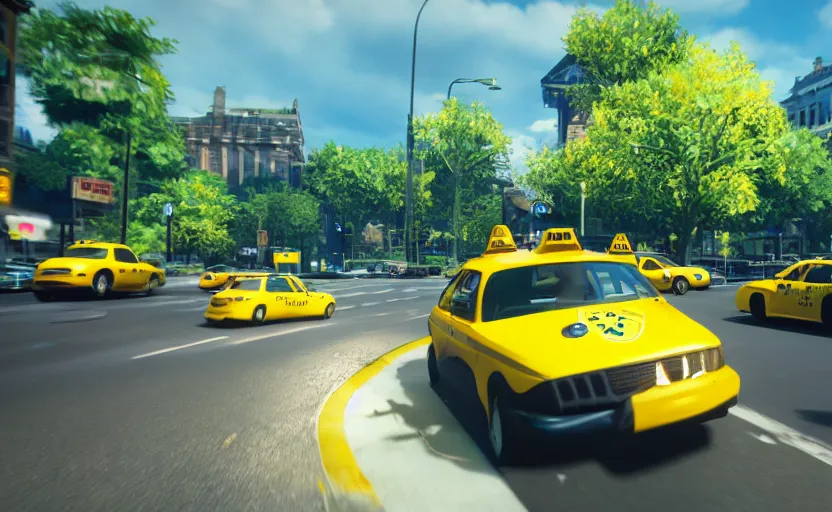 Prompt: ps 4 game about a frog driving a taxi, frog driving a taxi unreal 4 screenshot,