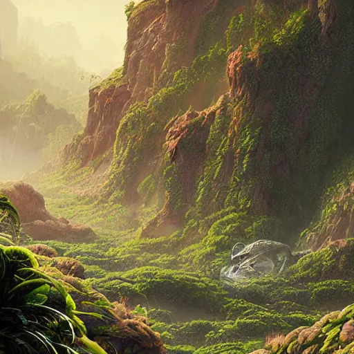 Image similar to digital art of a lush natural scene on an alien planet by mike beeple winklemann. extremely detailed. science fiction. beautiful landscape. weird vegetation. cliffs and water.