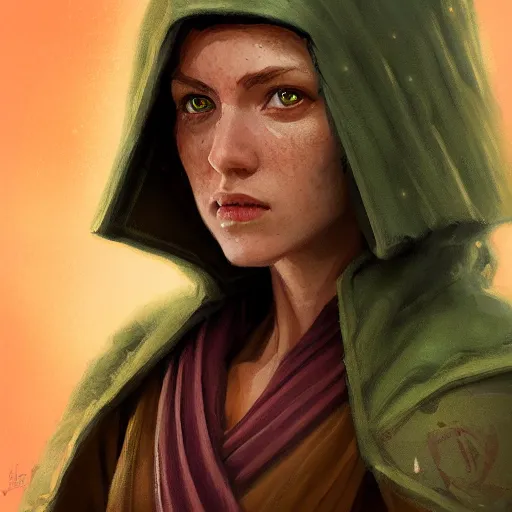 Image similar to portrait of a woman by greg rutkowski, jedi knight jade skywalker, wavy copper hair, jedi robes, star wars expanded universe, she is about 2 0 years old, wearing jedi robes, highly detailed portrait, digital painting, artstation, concept art, smooth, sharp foccus ilustration, artstation hq