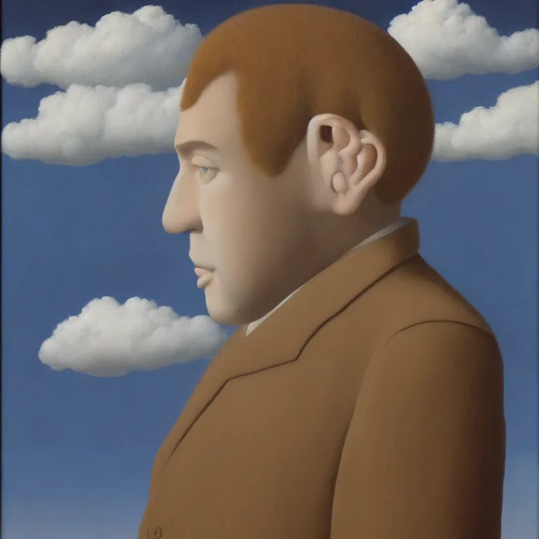 Image similar to portrait of a cloud man by rene magritte, detailed painting, hd, hq, high resolution, high detail, 4 k, 8 k