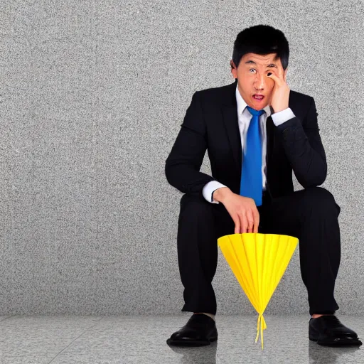 Prompt: asian man in suit and yellow tie distraught wearing birthday hat, realistic photo, portrait, sitting down, office setting