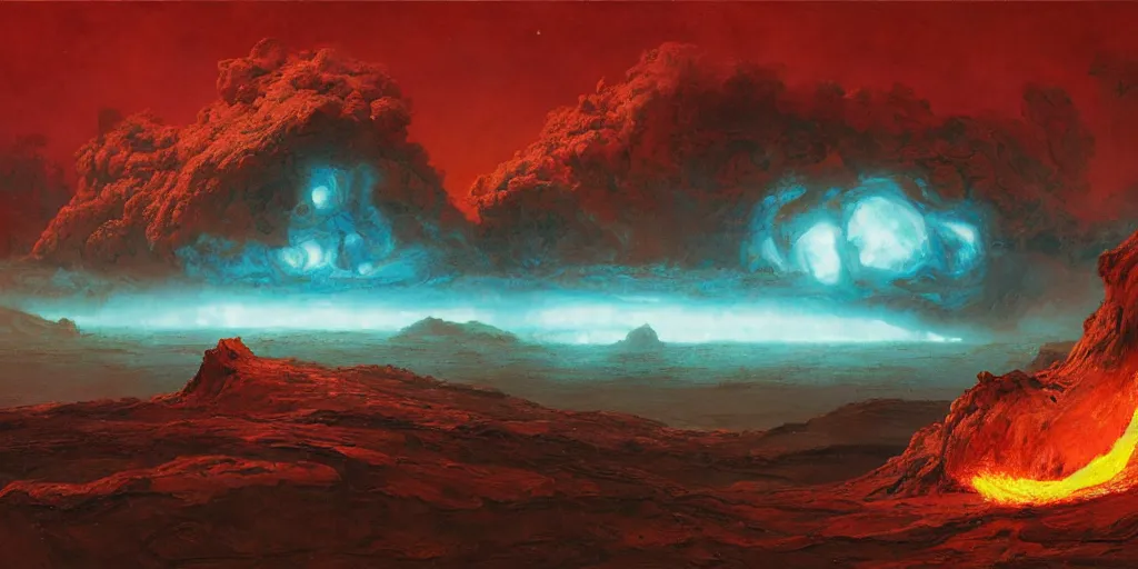 Prompt: supernova, alien surface planet, lava river, red desert mars, painted by ruan jia, raymond swanland, lawrence alma tadema, zdzislaw beksinski, norman rockwell, jack kirby, tom lovell, alex malveda, greg staples