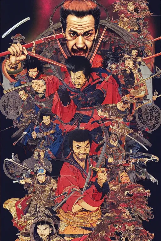 Image similar to poster of joe pesci as a samurai, by yoichi hatakenaka, masamune shirow, josan gonzales and dan mumford, ayami kojima, takato yamamoto, barclay shaw, karol bak, yukito kishiro