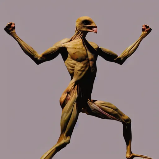 Image similar to a bird, Gor, a human body, two strong arms hyper realism