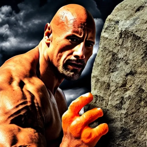 Prompt: dwayne johnson as a monster made of orange rock, orange stone, craggy rock, rough rock, realistic photo, skin of rough stone, broken rock skin