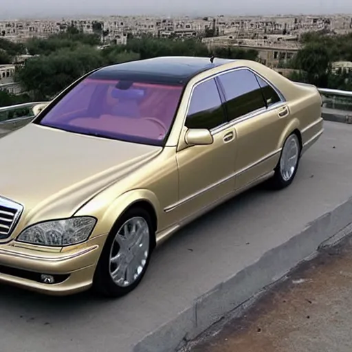 Image similar to gold Mercedes-Benz s500 long in the body 220 (w220) 2002 old year is on the roof of a high-rise building in abu dhabi