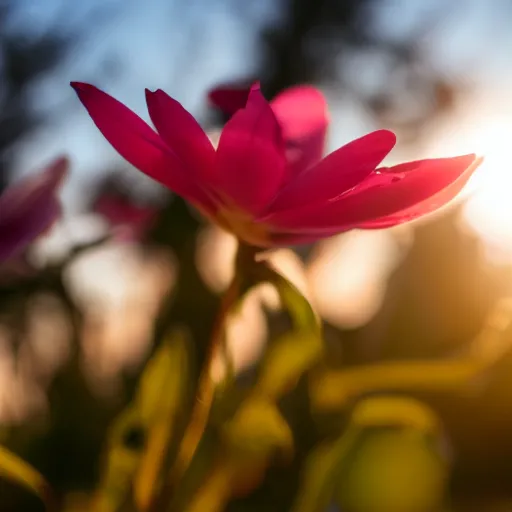 Prompt: closeup photo of a flower at sunset, backlighted, professional photo, nikon d 7 2 0 0, f / 1. 8