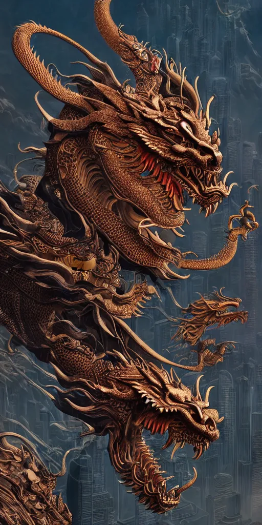 Prompt: a beautiful obverse portrait render of a single huge chinese dragon, mechanical, metal, fine texture structure, hyper detailed, perfect shadows, atmospheric lighting, 3 d render, the style of pascal blanche and sparth juan zigor samaniego, paul pepera pablo roldan, victo ngai, denoise, from china, 4 k hd