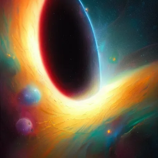 Prompt: a painting of a black hole consuming a nebula, concept art by sam spratt, cgsociety, space art, cosmic horror, tesseract, redshift
