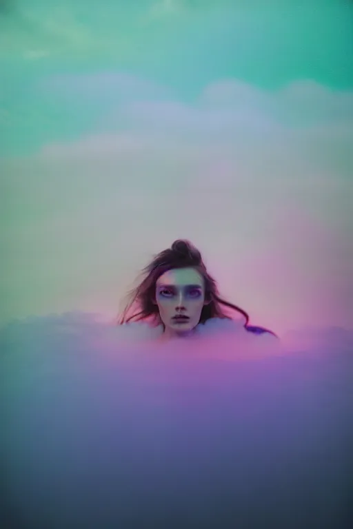 Image similar to high quality pastel coloured film close up wide angle photograph of a model wearing clothing swimming on cloud furniture in a icelandic black rock!! environment in a partially haze filled dreamstate world. three point light, rainbow. photographic production. art directed. pastel colours. volumetric clouds. pastel gradient overlay. waves glitch artefacts. extreme facial clarity. 8 k. filmic.