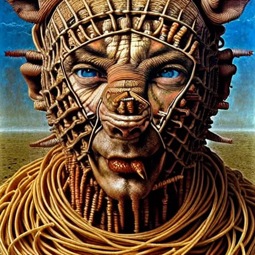 Image similar to zoomed out half boy half rhino made of spaghetti, intricate armor made of spaghetti fractals, ancient warrior, samurai style, by giuseppe arcimboldo and ambrosius benson, renaissance, intricate and intense oil paint, a touch of beksinski, realistic