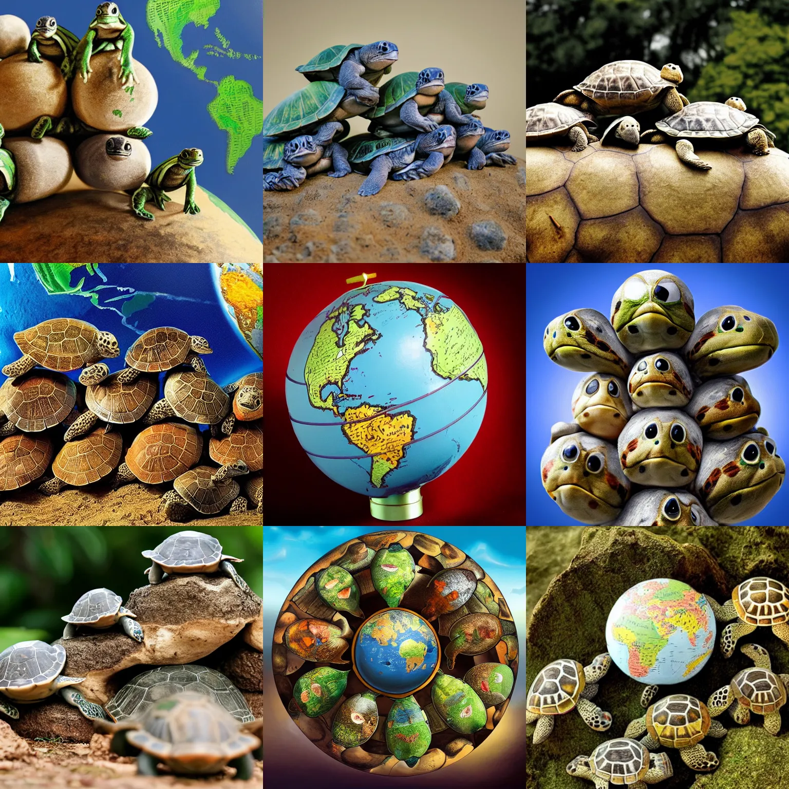 Image similar to a stack of turtles beneath a globe of the earth, earth globe on top