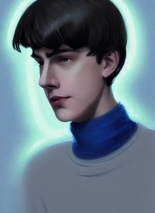 Image similar to portrait of teenage jughead jones wearing a light grey crown, crown, blue turtleneck, 1 9 5 0 s, closed eyes, photorealistic, black hair, glowing lighting, intricate, elegant, glowing lights, highly detailed, digital painting, artstation, concept art, smooth, sharp focus, illustration, art by wlop, mars ravelo and greg rutkowski