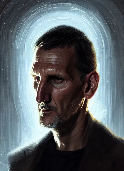 Image similar to portrait of christopher eccleston, intricate, elegant, glowing lights, highly detailed, digital painting, artstation, concept art, smooth, sharp focus, illustration, art by wlop, mars ravelo and greg rutkowski