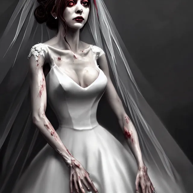 Image similar to epic professional digital art bridal gown portrait of🧟‍♀️👰‍♀️🥰,best on artstation, cgsociety, wlop, Behance, pixiv, astonishing, impressive, outstanding, epic, cinematic, stunning, gorgeous, concept artwork, much detail, much wow, masterpiece.