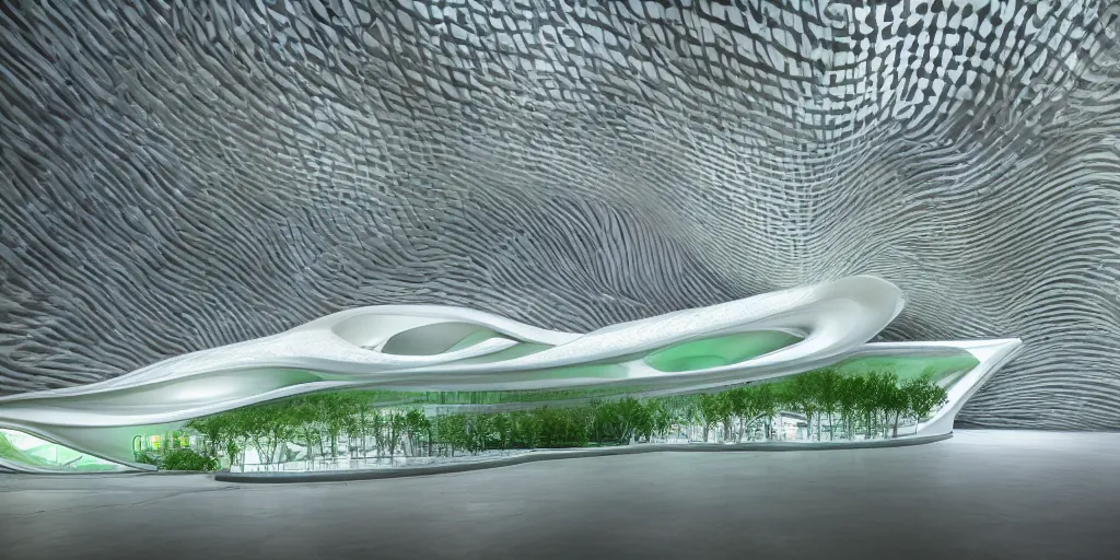 Image similar to extremely detailed awe ornate stunning beautiful futuristic smooth curvilinear elegant museum symmetrical interior by zaha hadid, landscape design with green trees, translucent gills, stunning volumetric light, stainless steel, concrete, translucent material, beautiful sunset, hyper real, 8 k, colorful, stunning light coming through, 3 d cinematic volumetric light, atmospheric light,