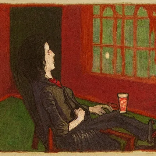 Prompt: a vampire quitting drinking blood and starts watching tv by monet