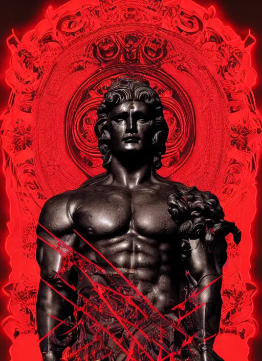 Image similar to dark design poster showing a statue of hercules, black background with very subtle red and purple design elements, powerful, nekro, guido crepax, graphic design, thin lines, dark, glitch art, neo vaporwave, gritty, layout frame, square, trending on artstation