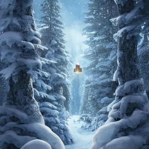 Image similar to a wizards portal in the sky above the trees of a cold winter forest, storybook illustration, octane render, detailed painting, by katherine federer, anthony pafford, harry gamboa and tracy flickinger