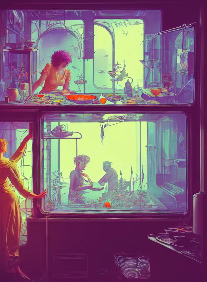 Image similar to telephoto 7 0 mm f / 2. 8 iso 2 0 0 photograph depicting the feeling of chrysalism in a cosy safe cluttered french sci - fi ( ( art nouveau ) ) cyberpunk apartment in a pastel dreamstate art cinema style. ( person cooking ) ( ( fish tank ) ), ambient light.