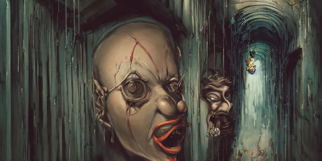 Image similar to a clown portrait in cloistered alleyway dreaming of a circus, in the style of peter mohrbacher by weta digital and francis bacon, high face symmetry, intricate, masterpiece, award winning, high face symmetry, intricate