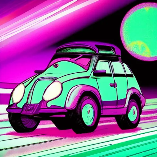 Prompt: a tardigrade driving a car, miami, nighttime, synthwave, detailed,