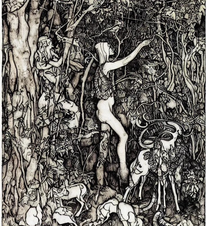 Prompt: person in the forest with a goat and a robot by Ivan Bilibin, Austin Osman Spare, Arthur Rackham, Vania Zouravliov, Norman Rockwell, high quality, ultra detailed