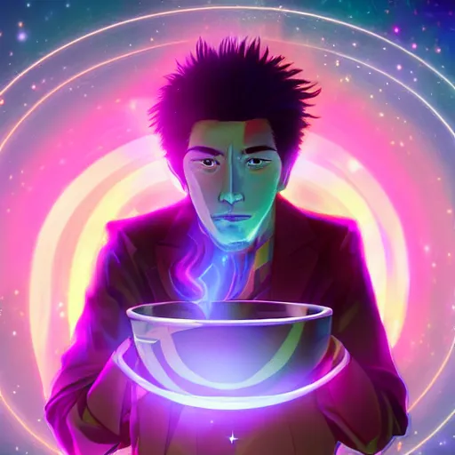 Image similar to A man drinking a cup of cosmic energy bright light by Masafumi Harada, 4k, digital art, surreal, anime style, space dandy style, highly detailed, godsend, artstation