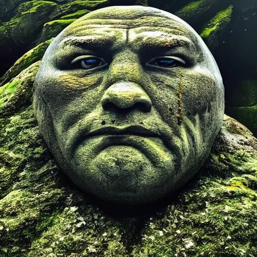 Image similar to a grey mossy rock with the face of dwayne johnson, shot on iphone 1