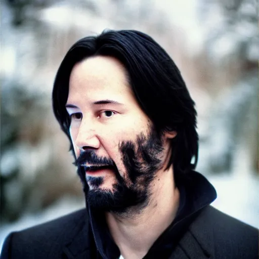 Prompt: portrait photo of keanu reeves on an extremely cold winter day with ice in his beard, by ron haviv, highly detailed, 8 0 mm, kodachrome