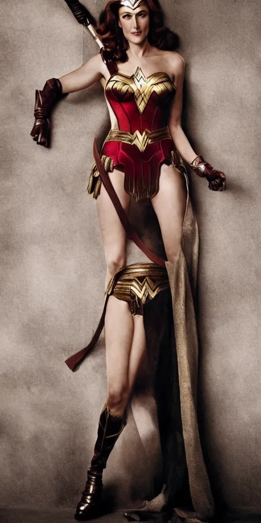 Image similar to full length photo of a beautiful 40-year-old Gillian Anderson dressed as wonder woman by Mario Testino and stanley lau, detailed, full body shot, award winning, Sony a7R, trending on artstation