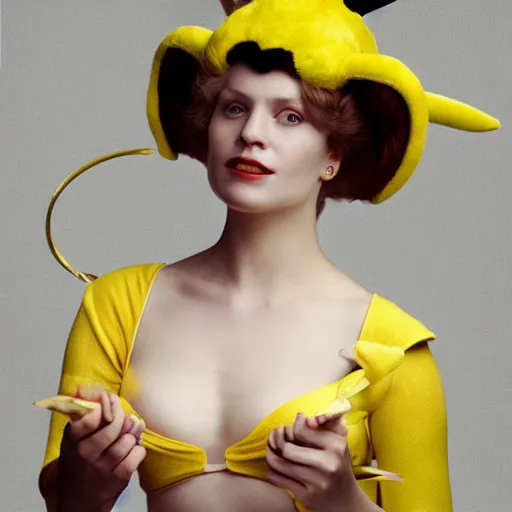 Prompt: elegant woman dressed up as pikachu, art photo by Annie Liebovitz and Alphonse Mucha, digital photo, clean, sharp, smooth, glossy photo